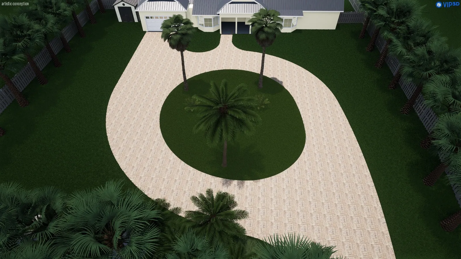 3D design render of a custom circular paver driveway by Golden Outdoor Solutions in Brevard County, FL