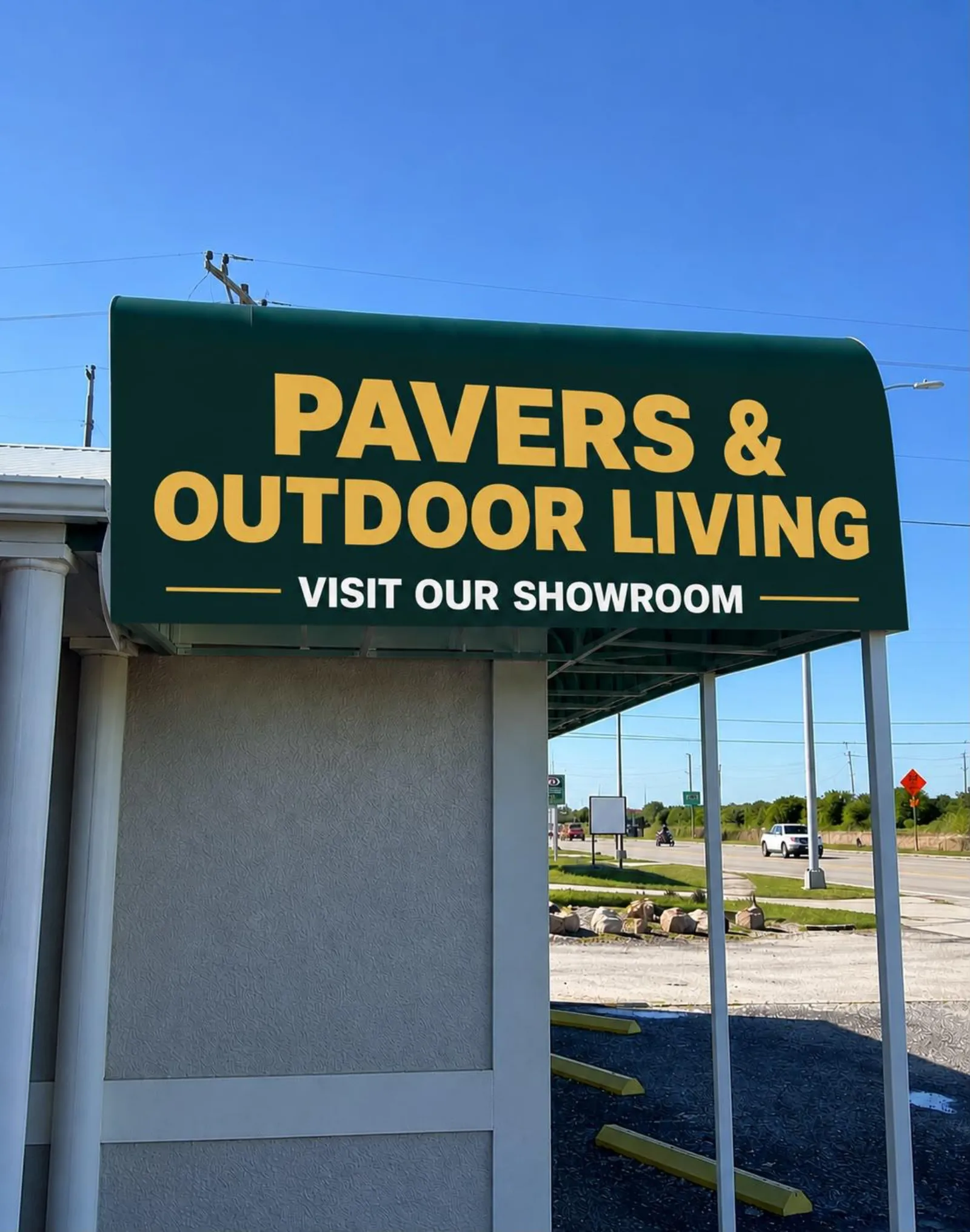 Golden Outdoor Solutions showroom sign: Pavers & Outdoor Living, Visit Our Showroom